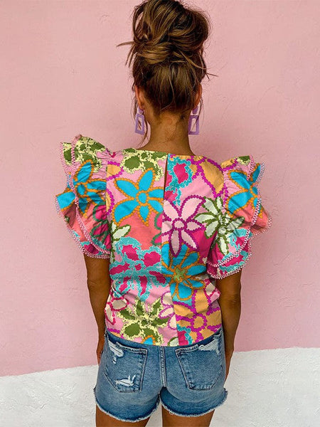Short Sleeve Floral Ruffle Blouse