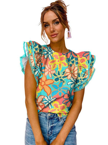 Short Sleeve Floral Ruffle Blouse