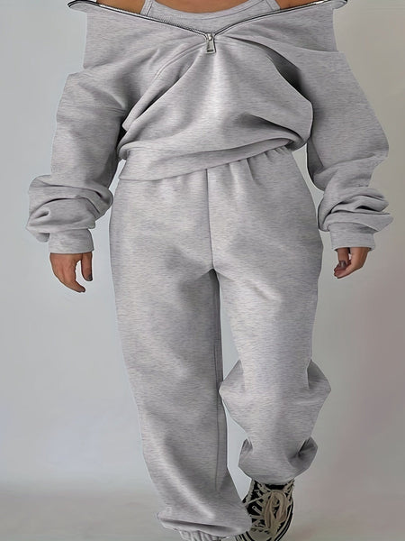 Women's Stylish Zip-Up Sweatshirt and Solid Sweatpants Two-Piece Set with practical styling and dependable silhouette control.