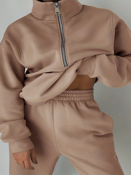 Women's Stylish Zip-Up Sweatshirt and Solid Sweatpants Two-Piece Set with practical styling and dependable silhouette control.