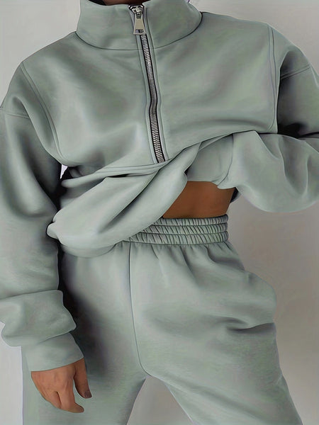Women's Stylish Zip-Up Sweatshirt and Solid Sweatpants Two-Piece Set with practical styling and dependable silhouette control.