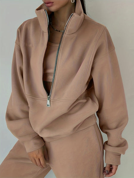 Women's Stylish Zip-Up Sweatshirt and Solid Sweatpants Two-Piece Set with practical styling and dependable silhouette control.