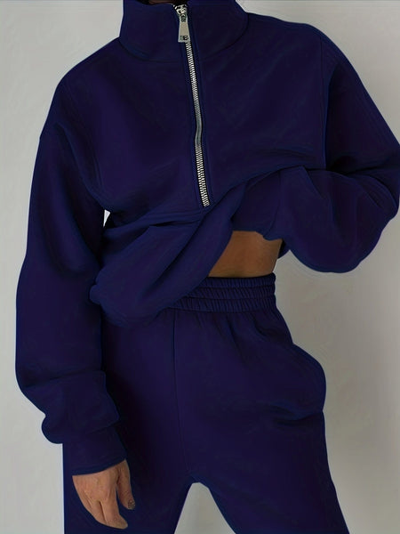 Women's Stylish Zip-Up Sweatshirt and Solid Sweatpants Two-Piece Set with practical styling and dependable silhouette control.