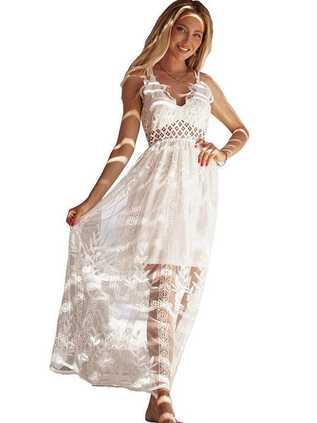 Sultry Lace Backless Long Dress With Sexy Suspender Straps
