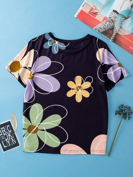 Summer Blossom Print Black Casual Round Neck Tee