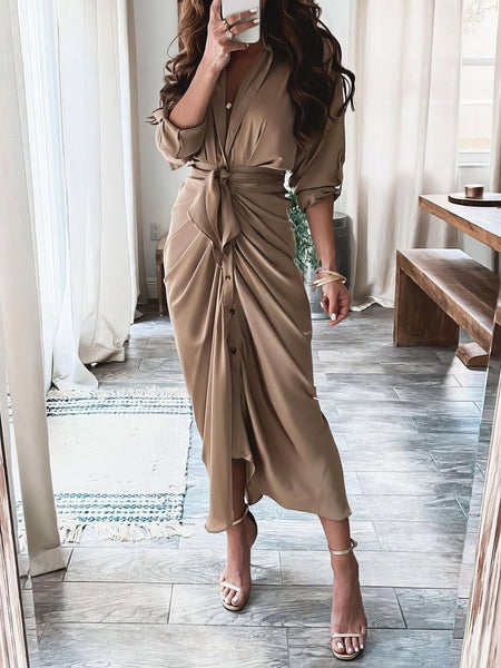 Women's Summer V-neck Button Solid Long Dress