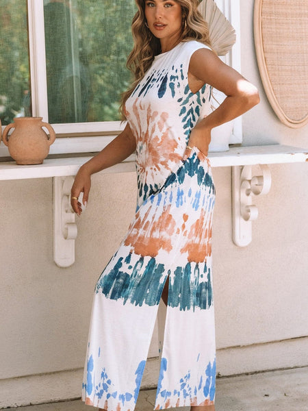 Loose Tie-Dye Printed V-Neck Split Dress