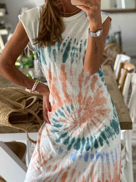 Loose Tie-Dye Printed V-Neck Split Dress