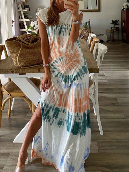 Loose Tie-Dye Printed V-Neck Split Dress