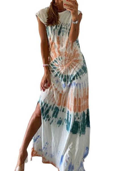 Loose Tie-Dye Printed V-Neck Split Dress