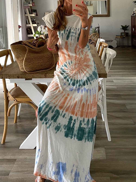 Loose Tie-Dye Printed V-Neck Split Dress