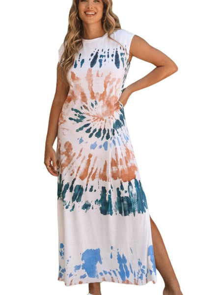 Loose Tie-Dye Printed V-Neck Split Dress