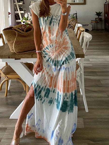 Loose Tie-Dye Printed V-Neck Split Dress