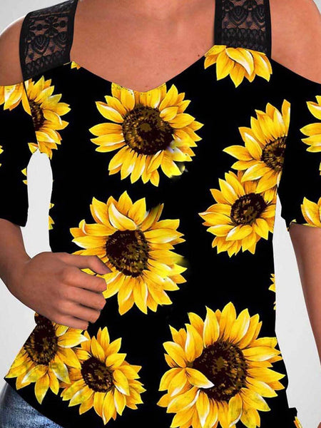 Women's Summer Casual Sunflower Print Off-Shoulder Blouse