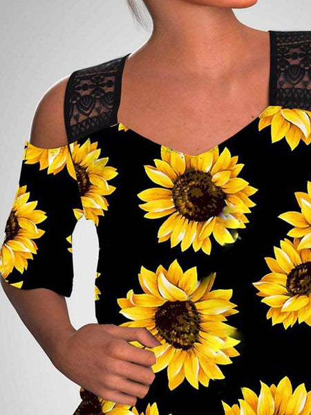 Women's Summer Casual Sunflower Print Off-Shoulder Blouse