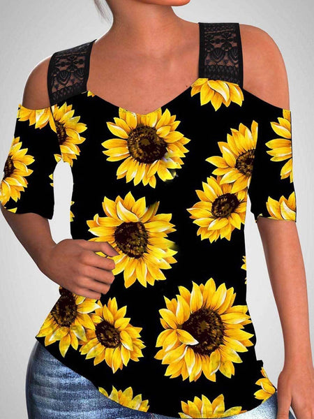 Women's Summer Casual Sunflower Print Off-Shoulder Blouse