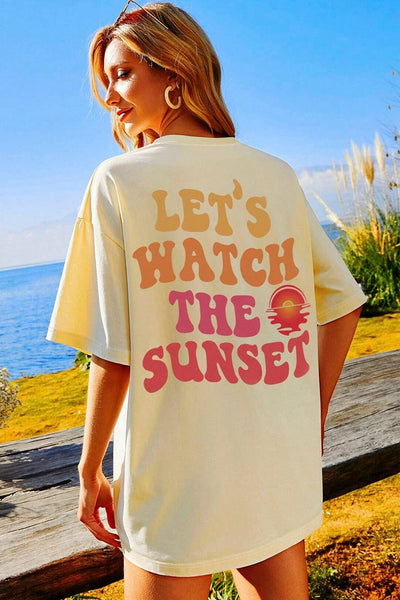 Sunset Letter Print Yellow Cream Half Sleeve Casual Tee