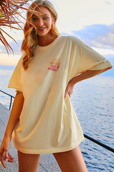 Sunset Letter Print Yellow Cream Half Sleeve Casual Tee