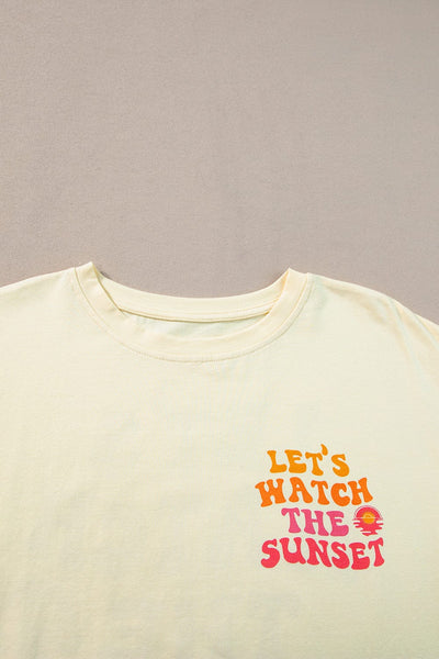 Sunset Letter Print Yellow Cream Half Sleeve Casual Tee