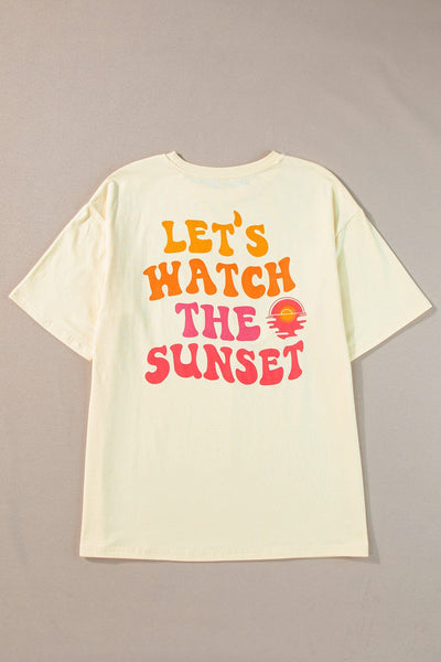 Sunset Letter Print Yellow Cream Half Sleeve Casual Tee