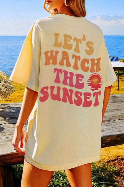 Sunset Letter Print Yellow Cream Half Sleeve Casual Tee