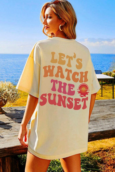 Sunset Letter Print Yellow Cream Half Sleeve Casual Tee