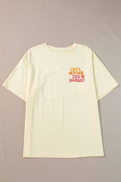 Sunset Letter Print Yellow Cream Half Sleeve Casual Tee