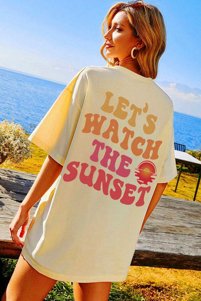 Sunset Letter Print Yellow Cream Half Sleeve Casual Tee