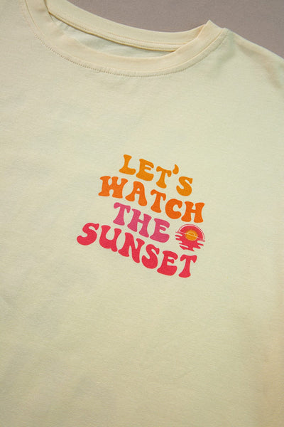Sunset Letter Print Yellow Cream Half Sleeve Casual Tee