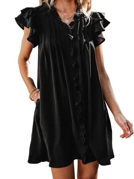 V Neck Button Up All Match Fashion Mini Dress
