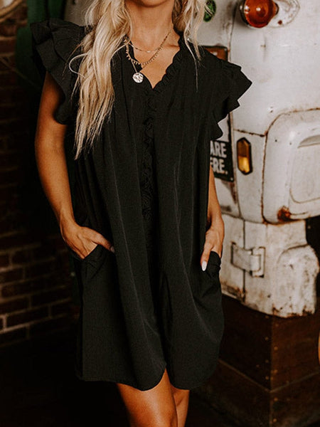 V Neck Button Up All Match Fashion Mini Dress