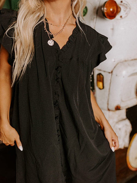 V Neck Button Up All Match Fashion Mini Dress