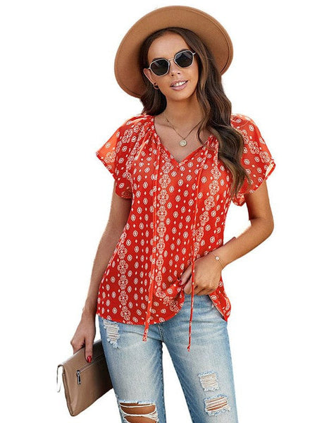 Print V-Neck Double Layer Ruffle Sleeve Loose T-Shirt