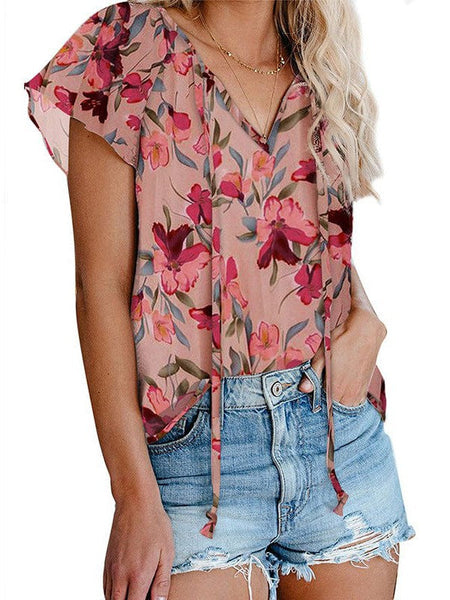 Print V-Neck Double Layer Ruffle Sleeve Loose T-Shirt