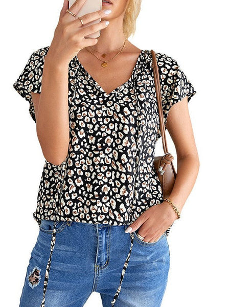 Print V-Neck Double Layer Ruffle Sleeve Loose T-Shirt