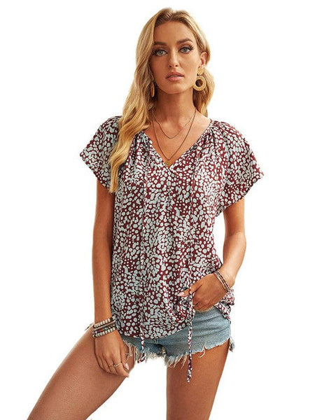 Print V-Neck Double Layer Ruffle Sleeve Loose T-Shirt