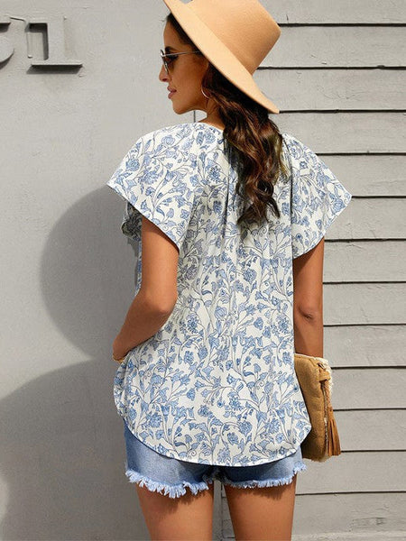 Print V-Neck Double Layer Ruffle Sleeve Loose T-Shirt