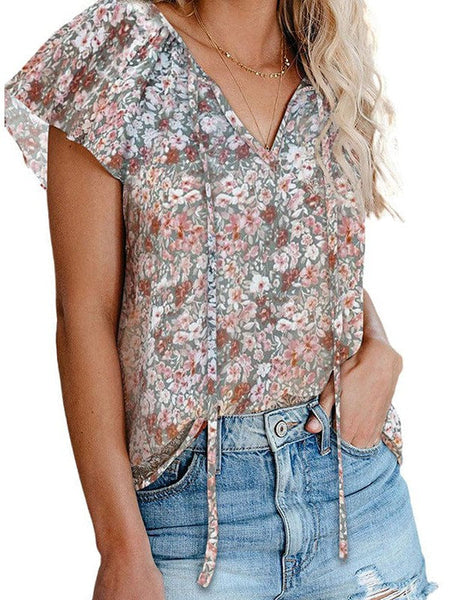 Print V-Neck Double Layer Ruffle Sleeve Loose T-Shirt