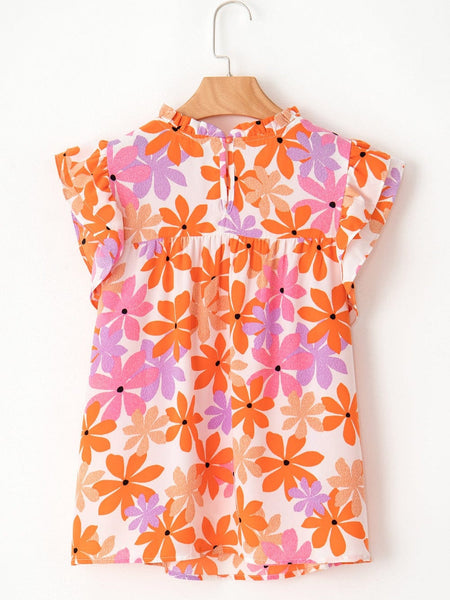 Orange Floral Notched V Neck Ruffled Sleeve Blouse - Women's Flowy Summer Top