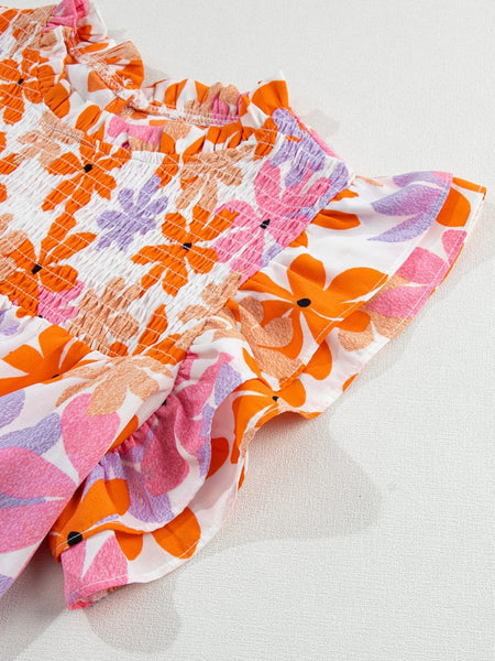 Orange Floral Notched V Neck Ruffled Sleeve Blouse - Women's Flowy Summer Top