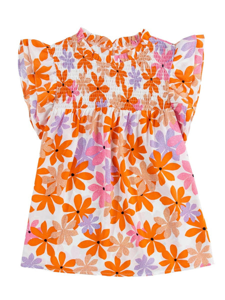 Orange Floral Notched V Neck Ruffled Sleeve Blouse - Women's Flowy Summer Top
