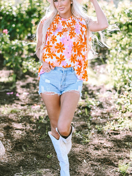 Orange Floral Notched V Neck Ruffled Sleeve Blouse - Women's Flowy Summer Top