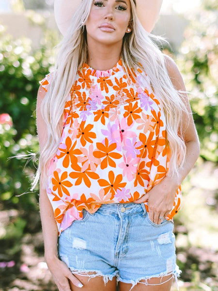 Orange Floral Notched V Neck Ruffled Sleeve Blouse - Women's Flowy Summer Top
