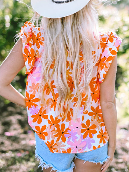 Orange Floral Notched V Neck Ruffled Sleeve Blouse - Women's Flowy Summer Top