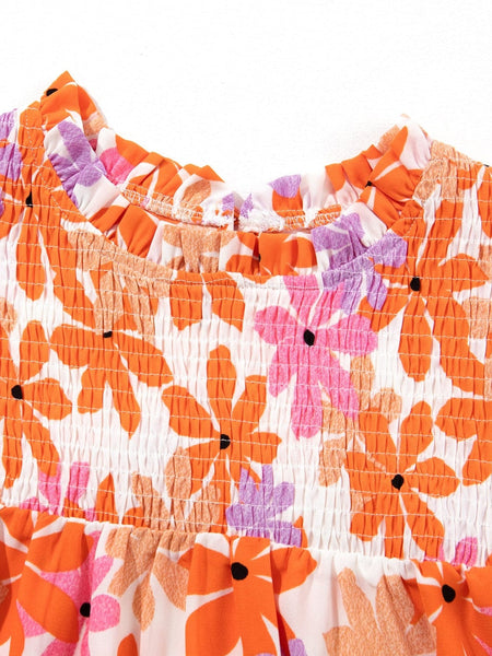 Orange Floral Notched V Neck Ruffled Sleeve Blouse - Women's Flowy Summer Top