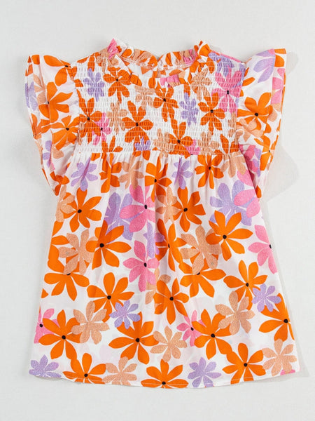 Orange Floral Notched V Neck Ruffled Sleeve Blouse - Women's Flowy Summer Top