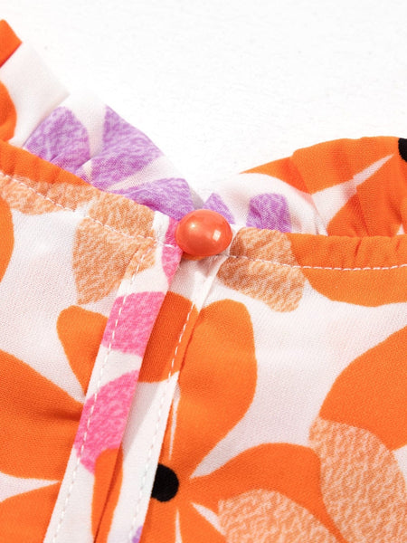 Orange Floral Notched V Neck Ruffled Sleeve Blouse - Women's Flowy Summer Top