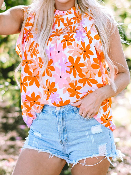 Orange Floral Notched V Neck Ruffled Sleeve Blouse - Women's Flowy Summer Top