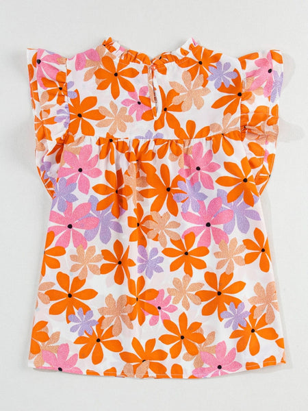 Orange Floral Notched V Neck Ruffled Sleeve Blouse - Women's Flowy Summer Top