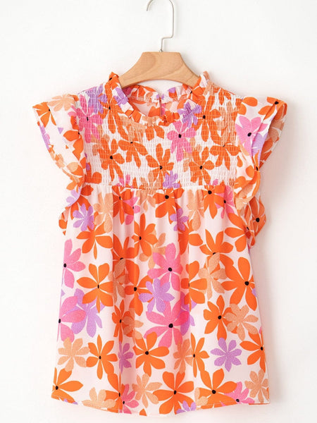 Orange Floral Notched V Neck Ruffled Sleeve Blouse - Women's Flowy Summer Top